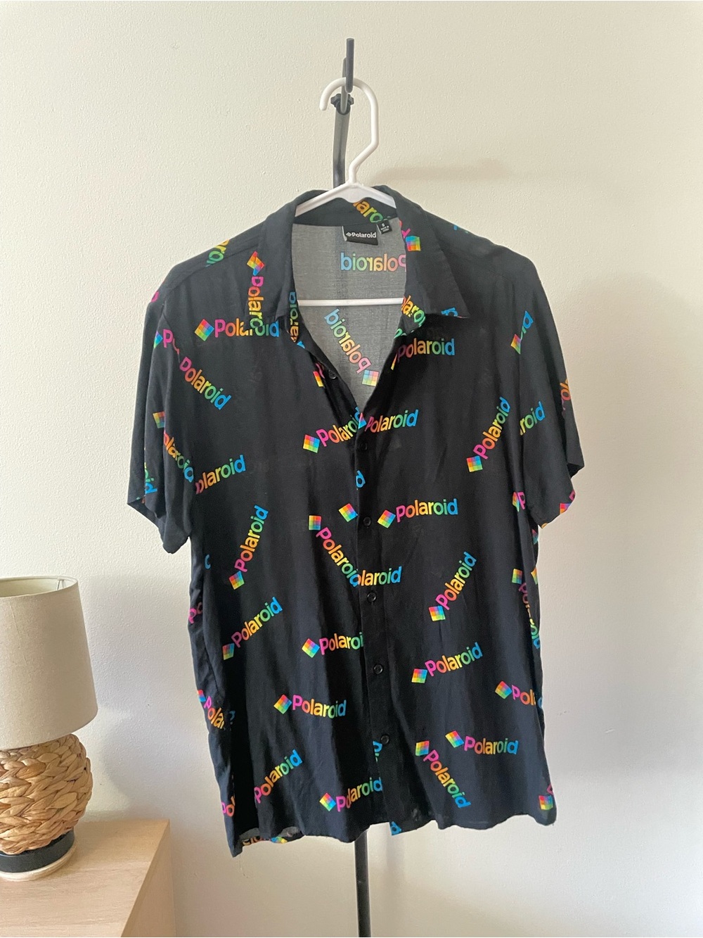 Polaroid Black Short-Sleeve Button-Up Shirt with Rainbow Logo Print